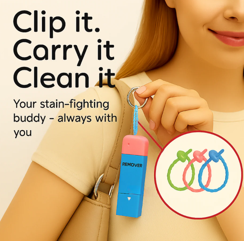 Blue and pink stain remover keychain held by a person with text 'Clip it. Carry it Clean it' on a beige background.